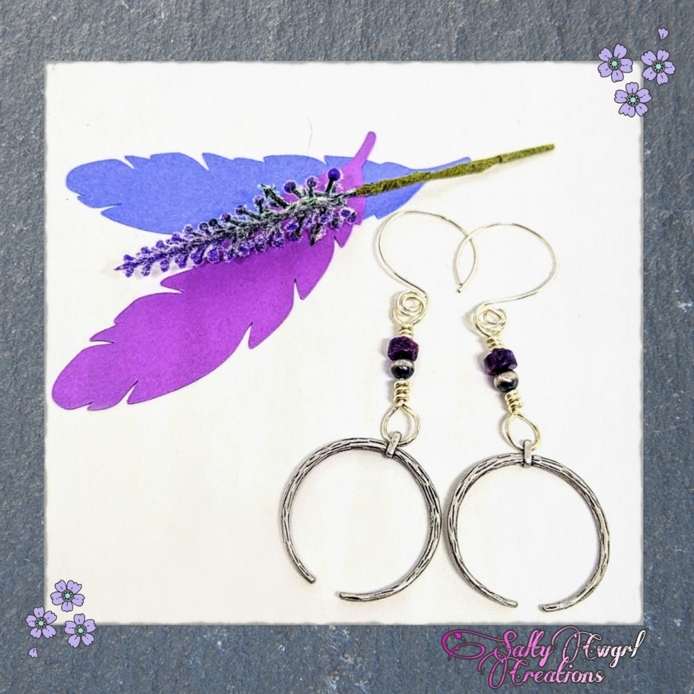Handmade Cowgirl Boho Double Horn Purple Lepidolite & Navajo Pearl Earrings